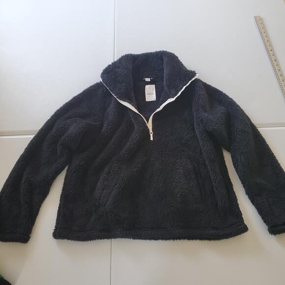 J.Crew Pullover Womens Medium Black Sherpa Fleece Half Zip Teddy Cozy FA21 AZ295 - Picture 2 of 9